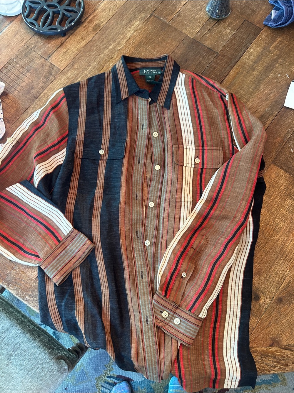 Ralph Lauren silk/linen Multi-Striped Button-Up Shirt in Brown, Black & Red